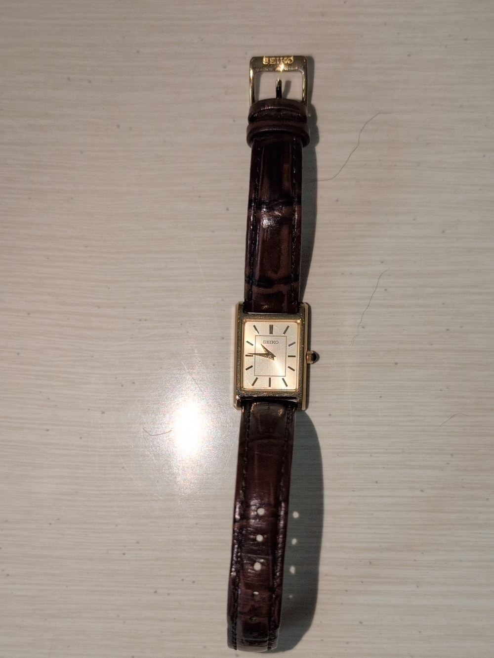 Seiko Gold-Tone Rectangular Watch with Brown Leather Strap
